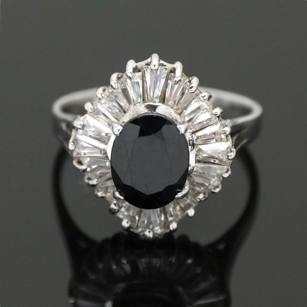 Estate Sterling Silver 925 White Topaz Black Spinel Cocktail Ring Size 6.5